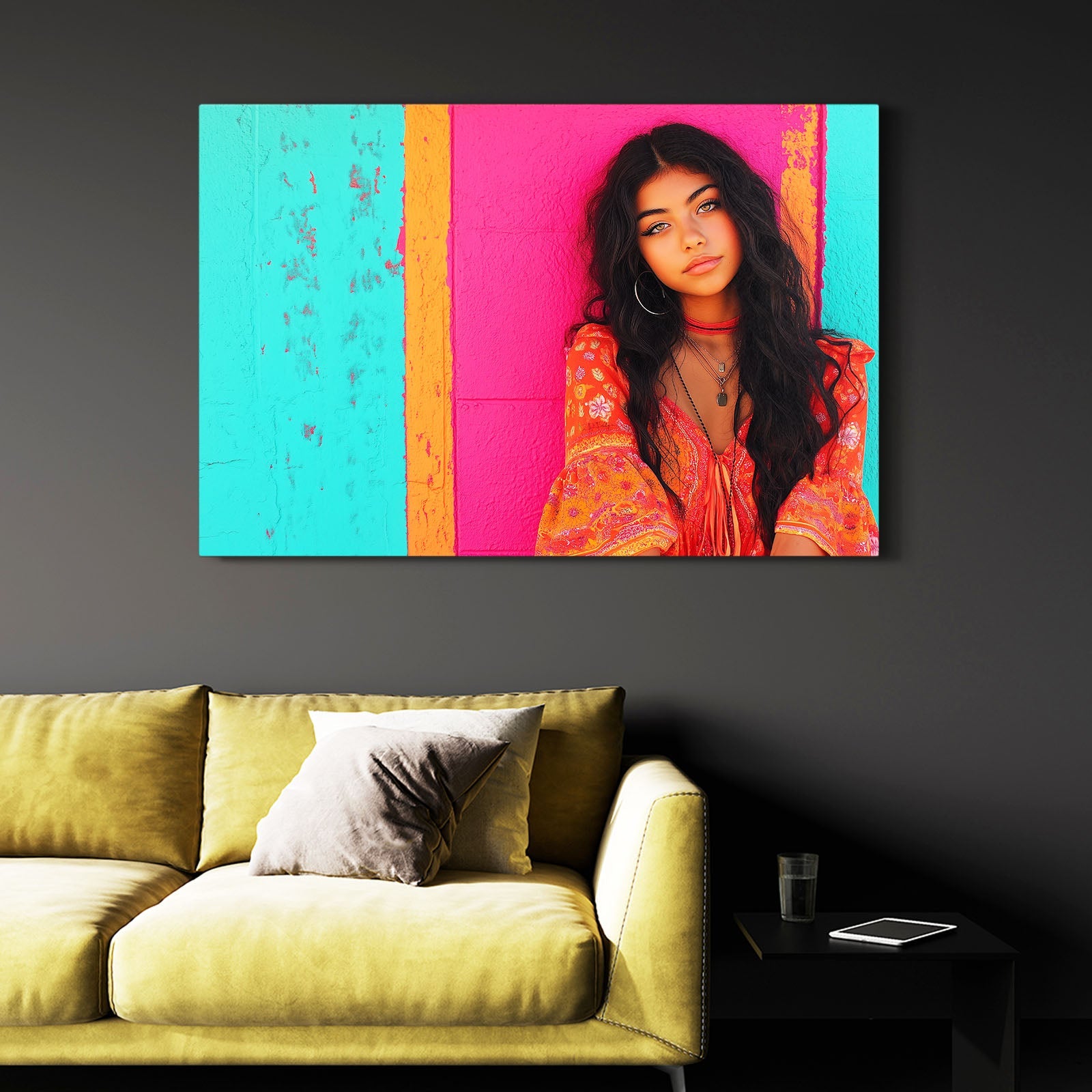 Pop Color Photography Wall Decor – on a dark wall above a yellow sofa