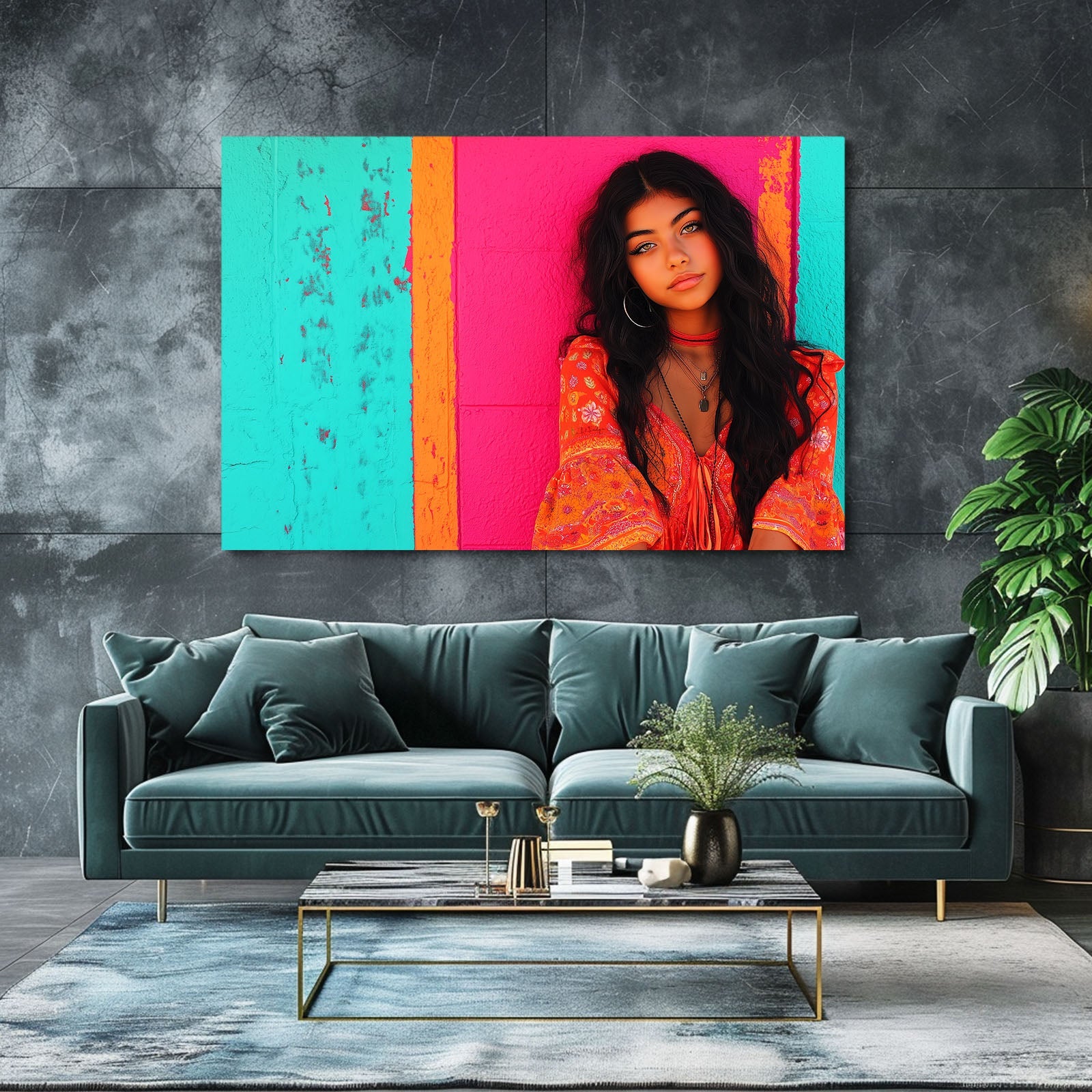 Pop Color Photography Wall Decor – above a deep green sofa in a moody lounge
