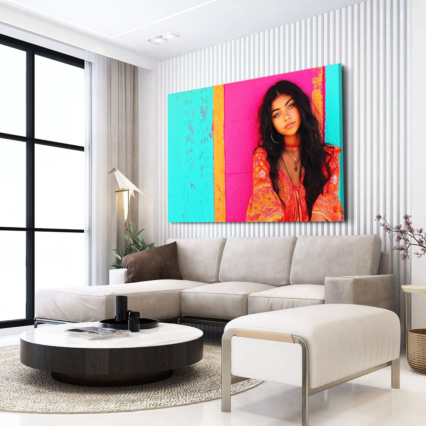 Pop Color Photography Wall Decor – above a white lounge chair in a bright room