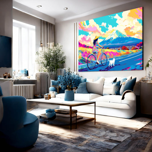 Pop Fuji Ride Cat Art — contemporary canvas print, styled in a furnished interior