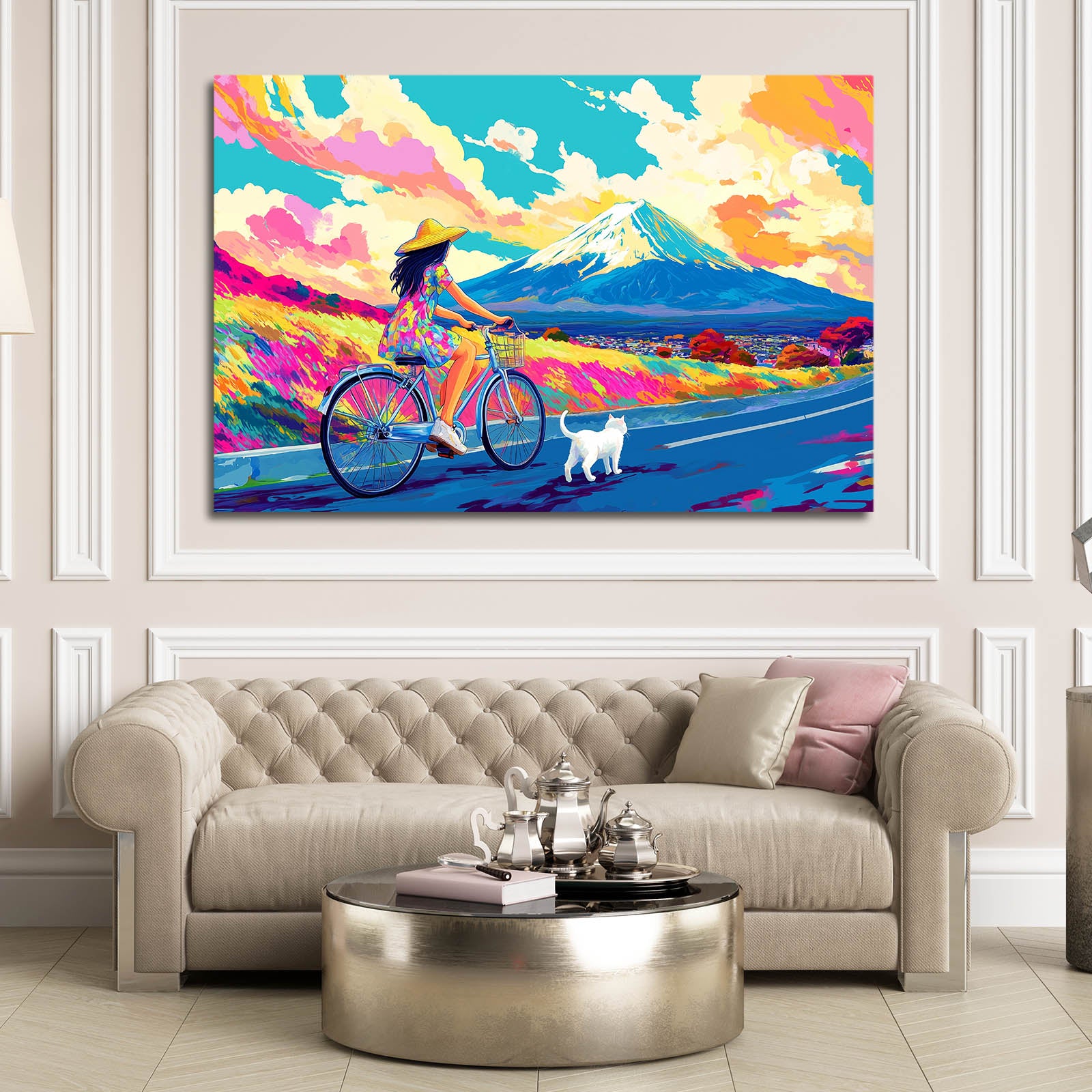 Pop Fuji Ride Cat Art — contemporary canvas print, styled in a furnished interior