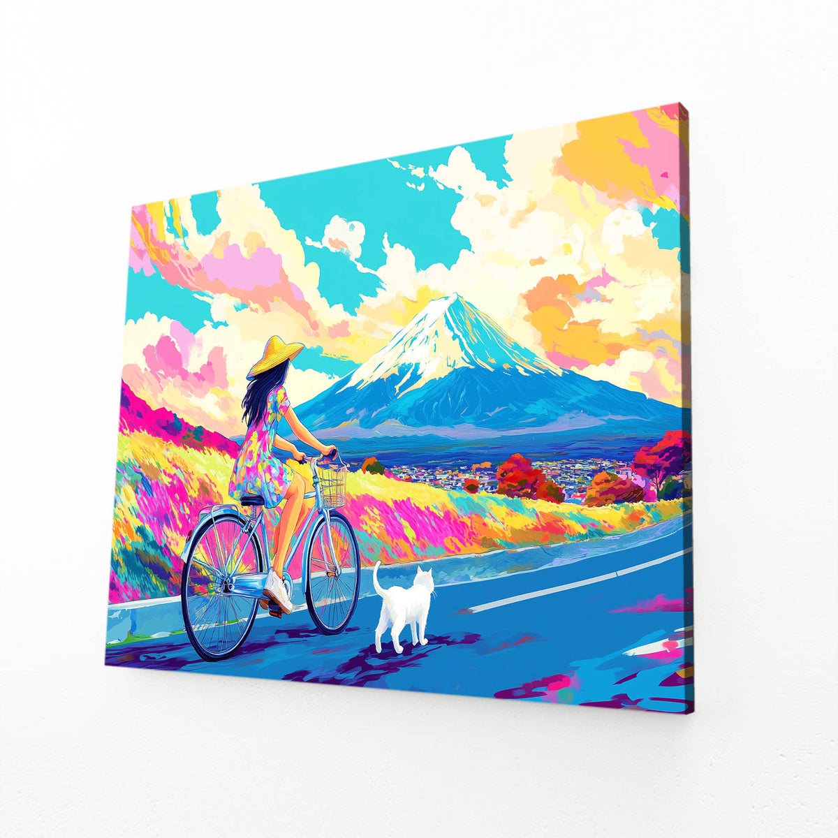 Pop Fuji Ride Cat Art — contemporary canvas print, angled canvas view on white background