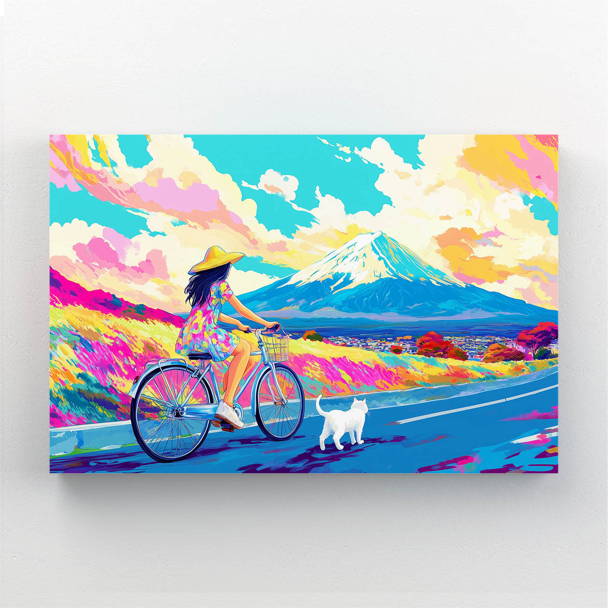 Pop Fuji Ride Cat Art — contemporary canvas print, angled canvas view on white background