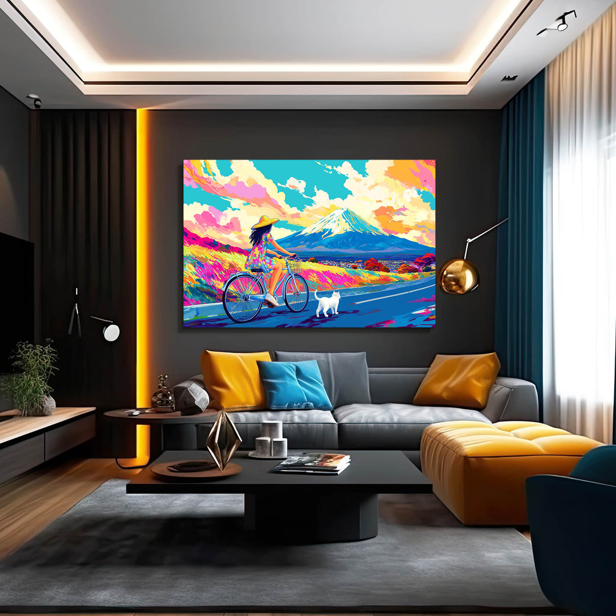 Pop Fuji Ride Cat Art — contemporary canvas print, styled in a furnished interior