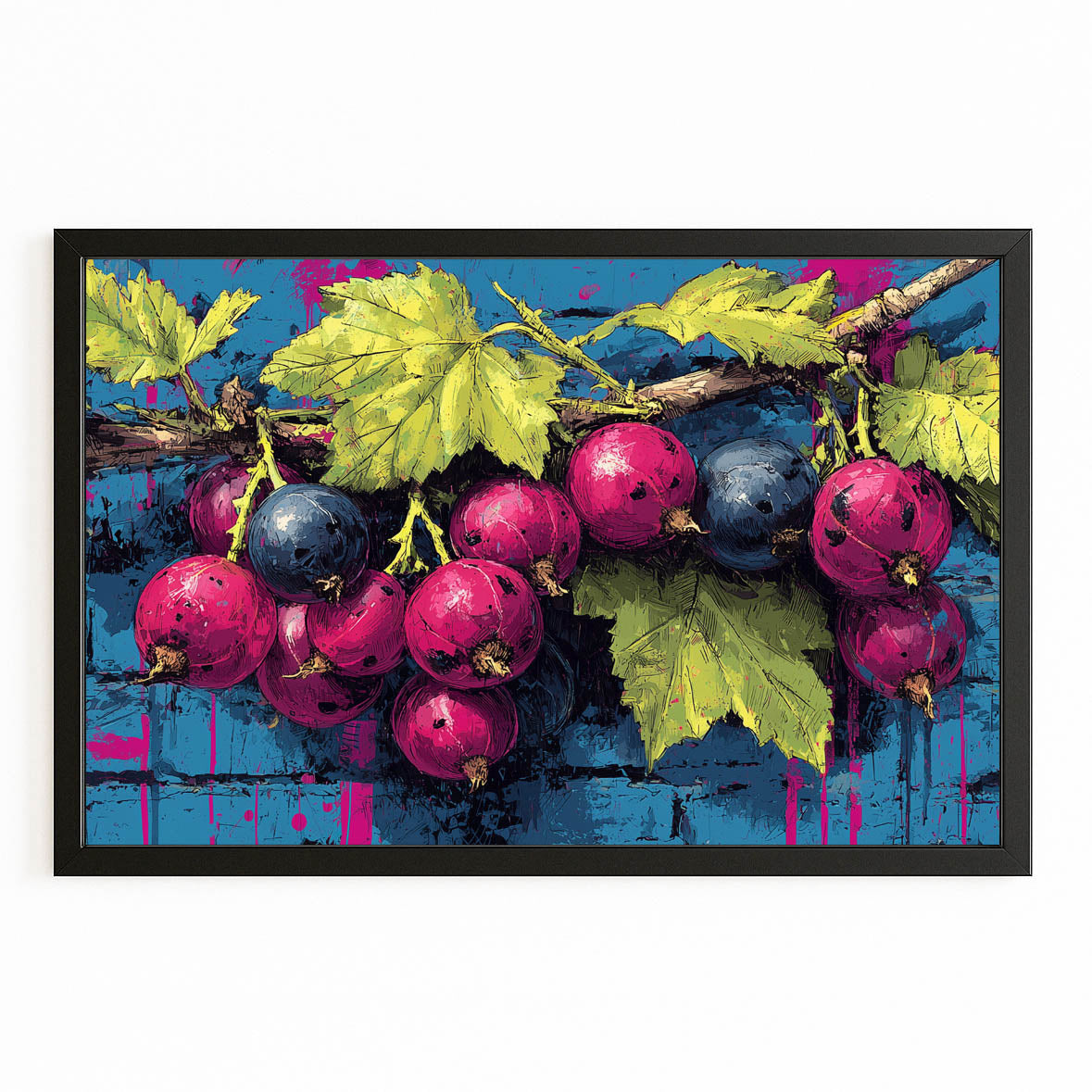 Pop Grapes Wood Fruit Wall Decor – with Premium Black frame on white background