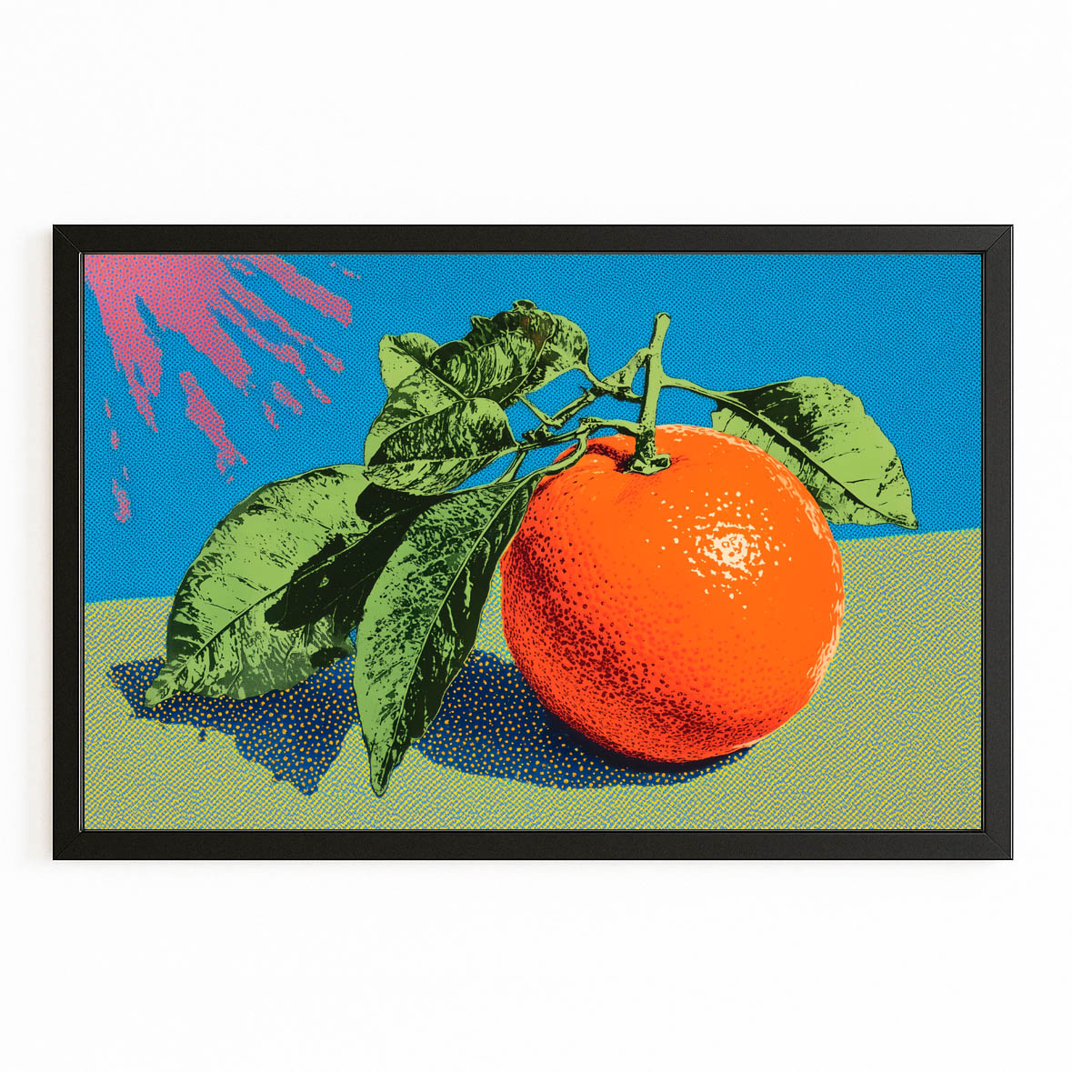 Pop Halftone Orange Fruit Canvas Art – with Premium Black frame on white background