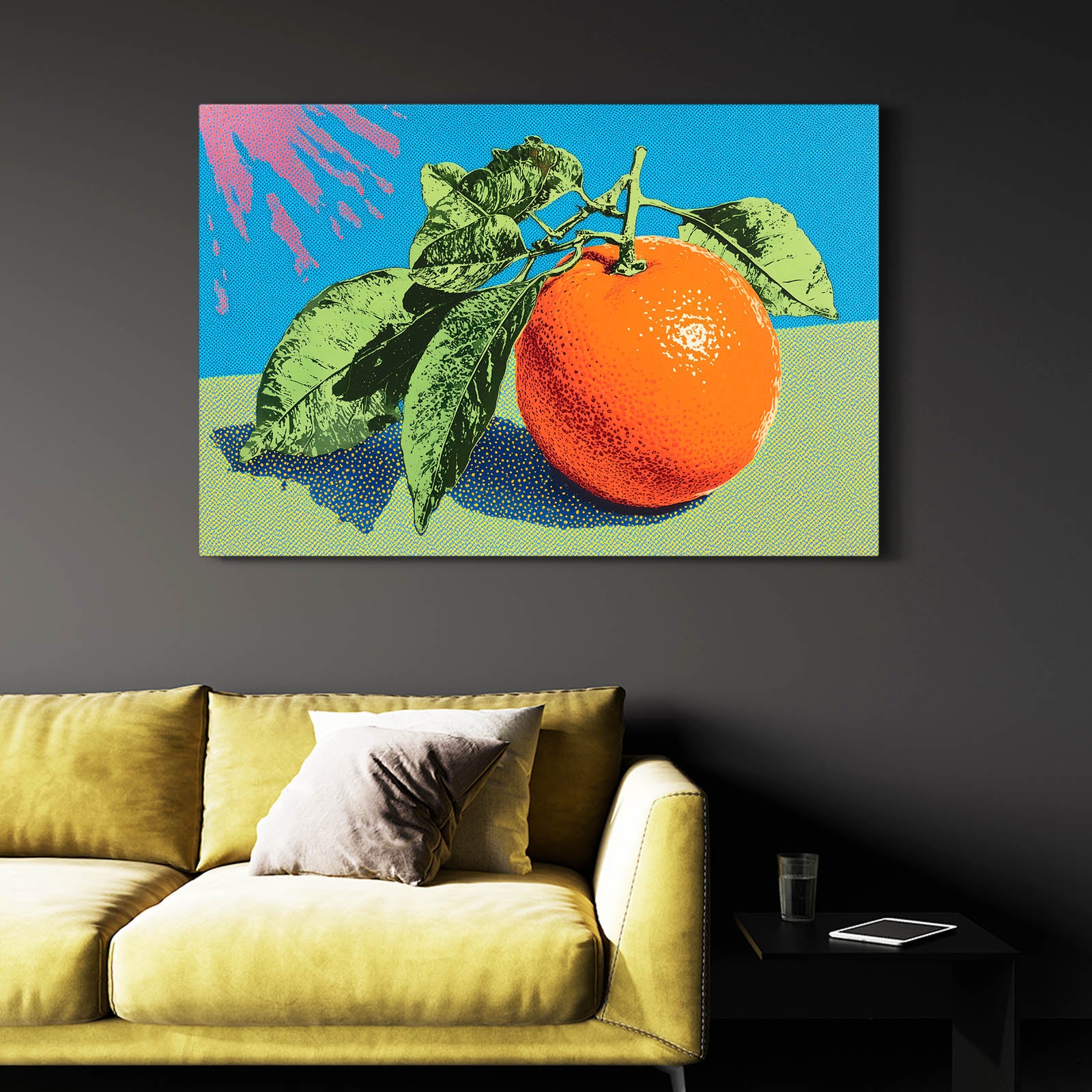 Pop Halftone Orange Fruit Canvas Art – styled in a furnished interior