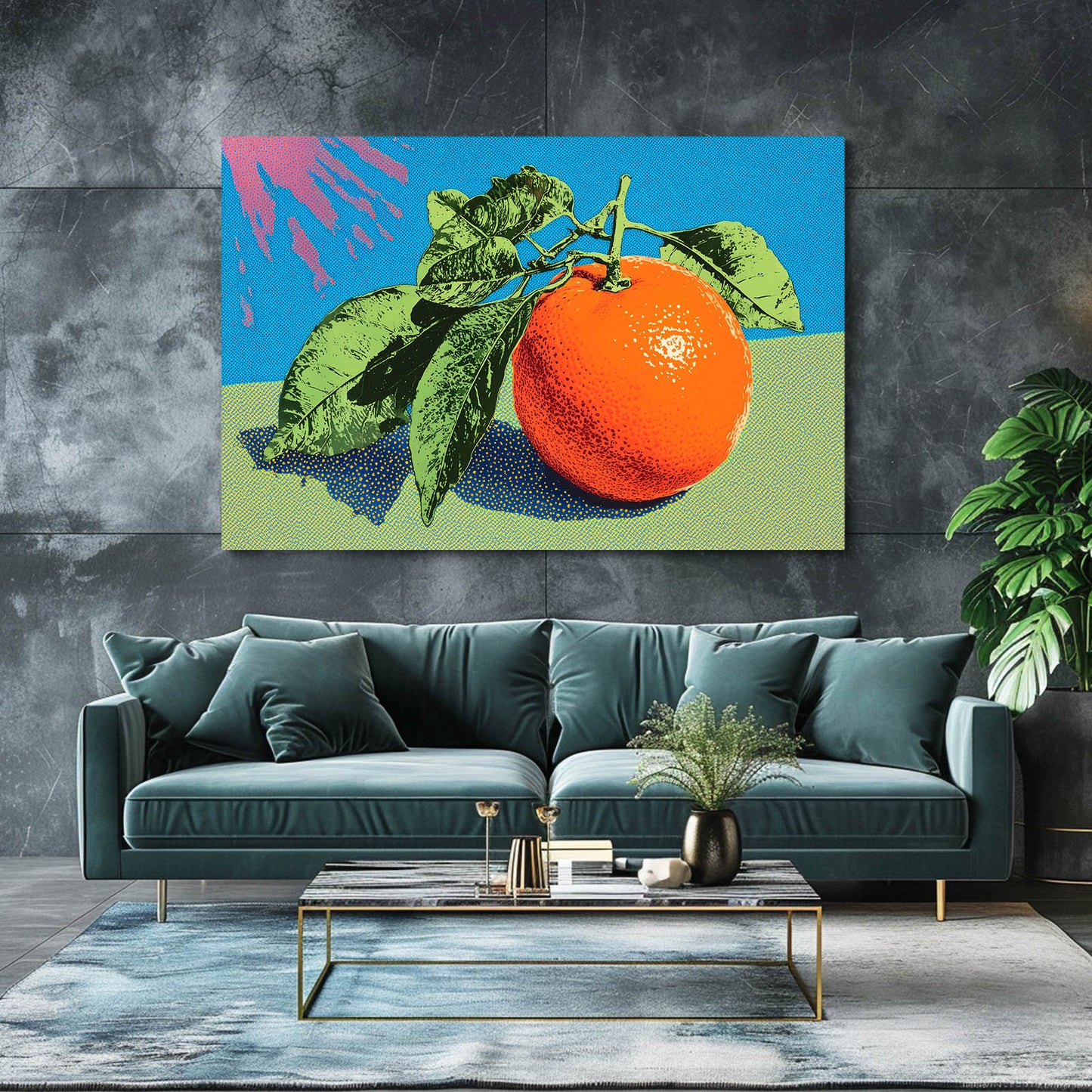 Pop Halftone Orange Fruit Canvas Art – styled in a furnished interior