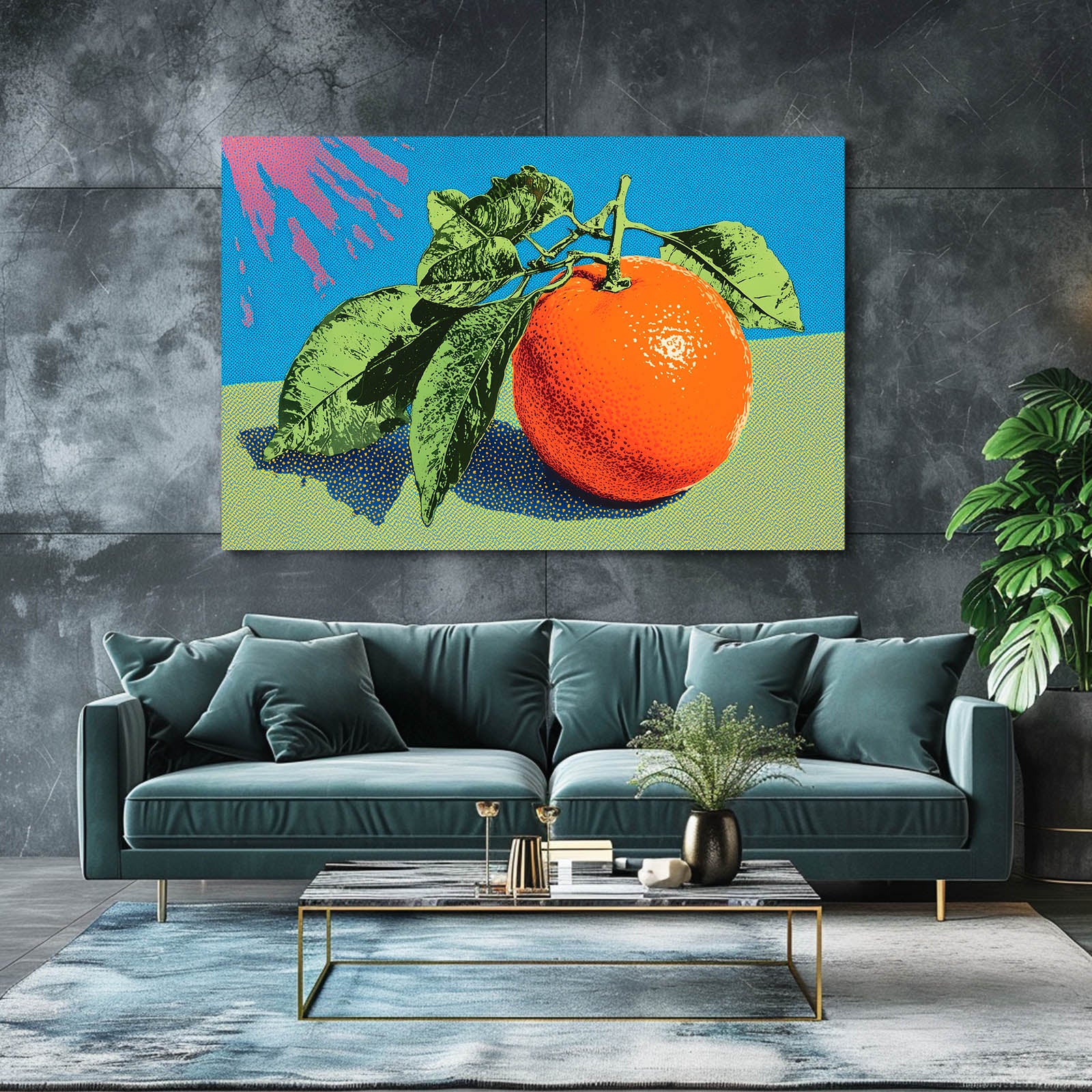 Pop Halftone Orange Fruit Canvas Art – styled in a furnished interior