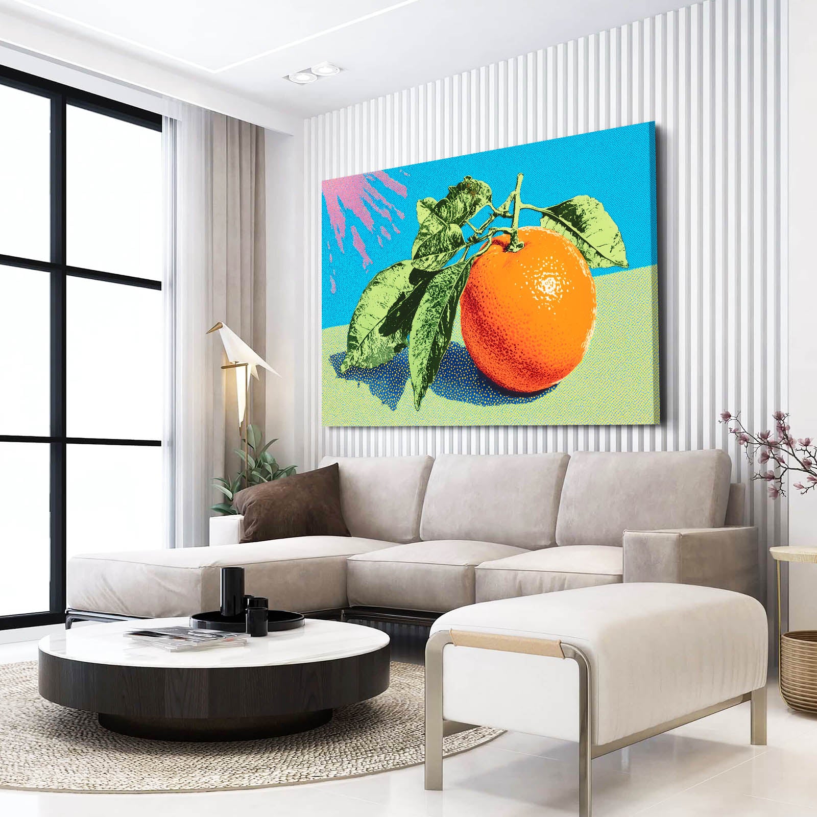 Pop Halftone Orange Fruit Canvas Art – styled in a furnished interior