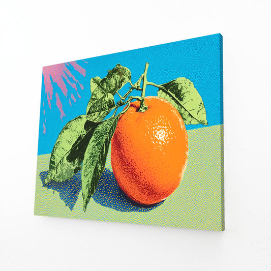 Pop Halftone Orange Fruit Canvas Art – angled canvas view on white background