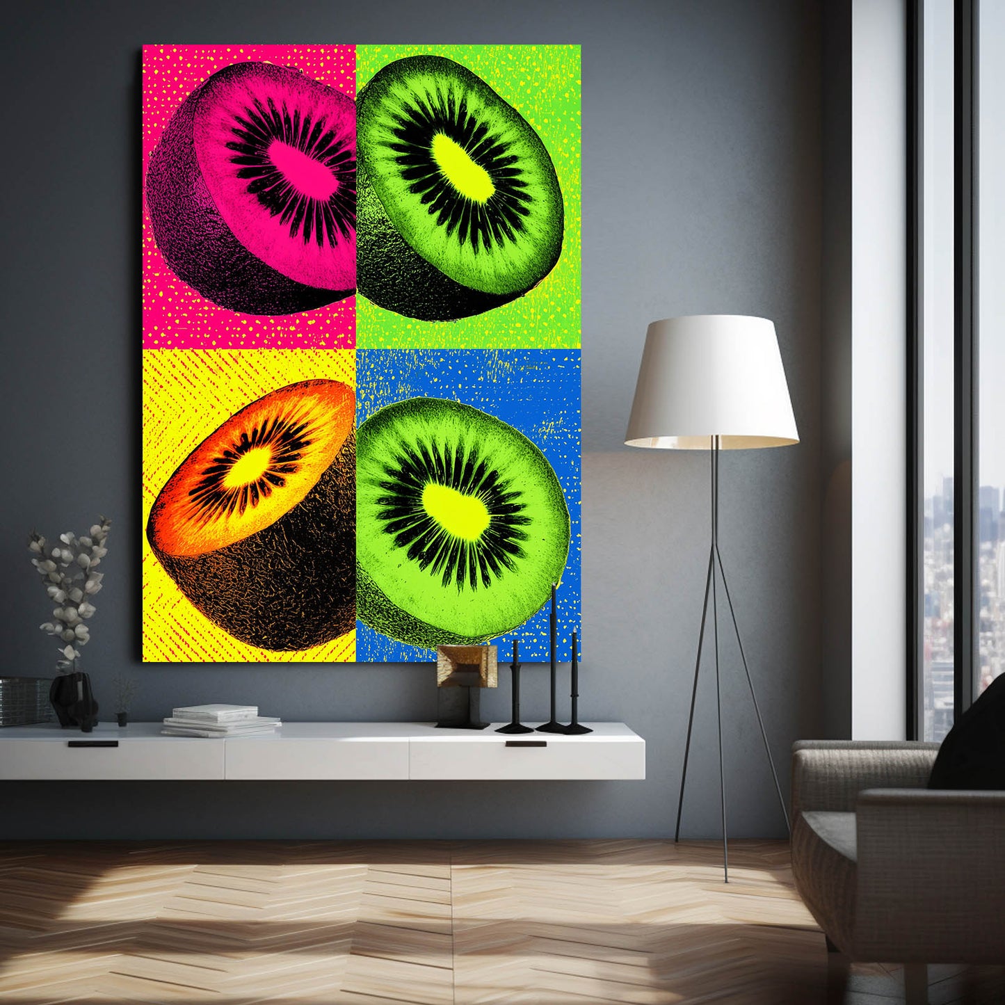 Pop Kiwi Panels Fruit Art – styled in a furnished interior