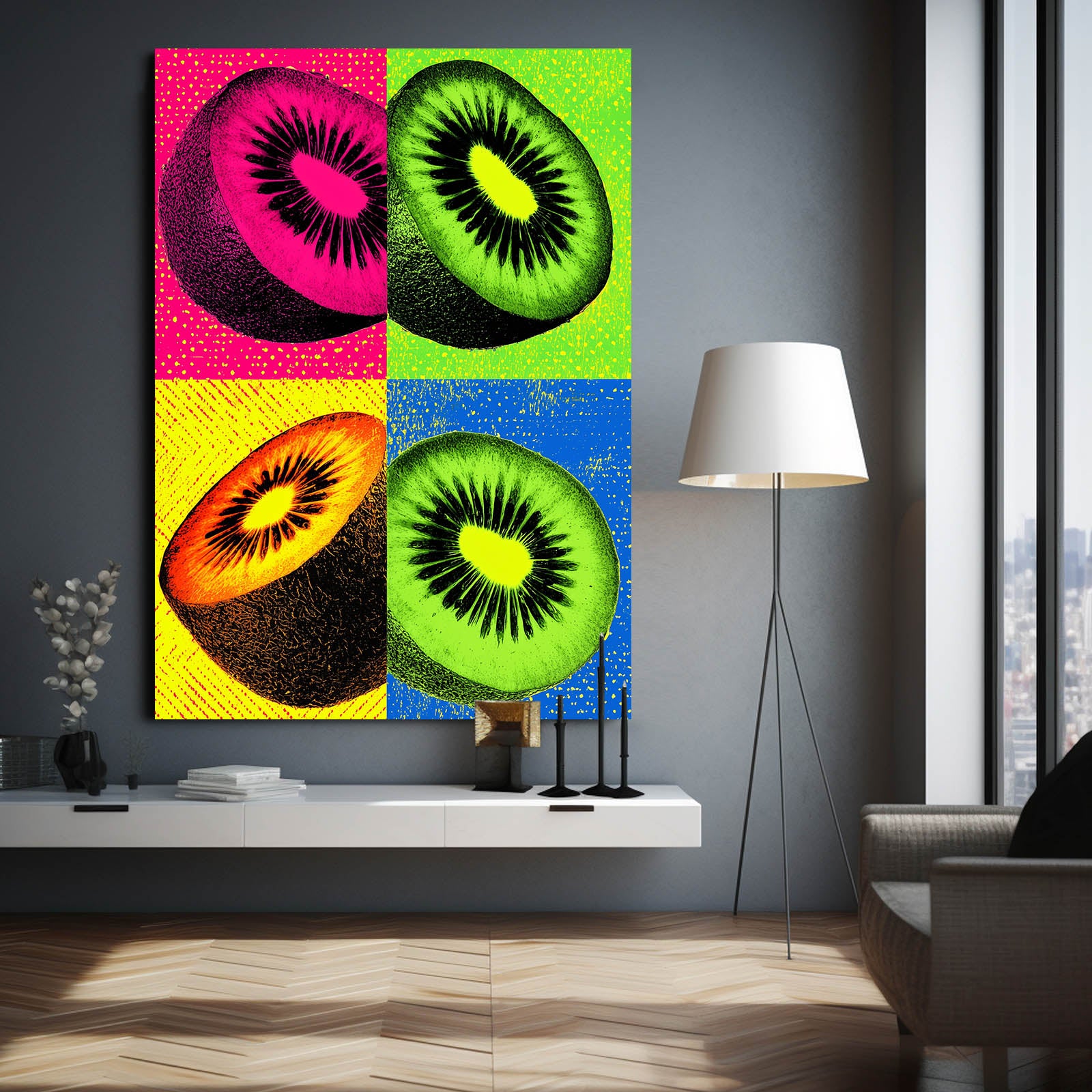Pop Kiwi Panels Fruit Art – styled in a furnished interior