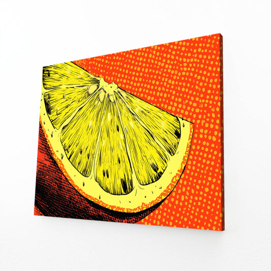 Pop Lemon Slice Fruit Art – angled canvas view on white background