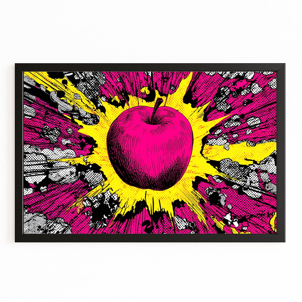Pop Magenta Burst Apple Canvas Art – with Premium Black frame on white background
