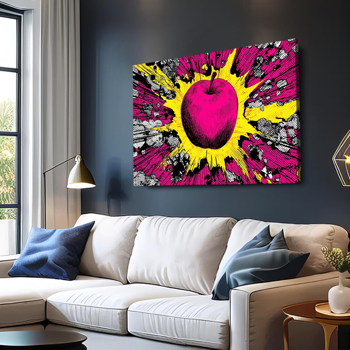 Pop Magenta Burst Apple Canvas Art – styled in a furnished interior