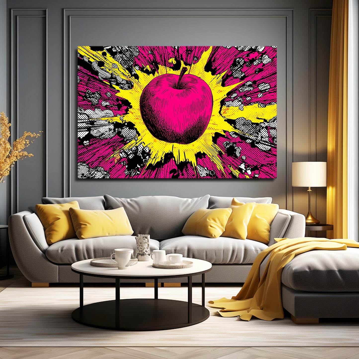 Pop Magenta Burst Apple Canvas Art – styled in a furnished interior