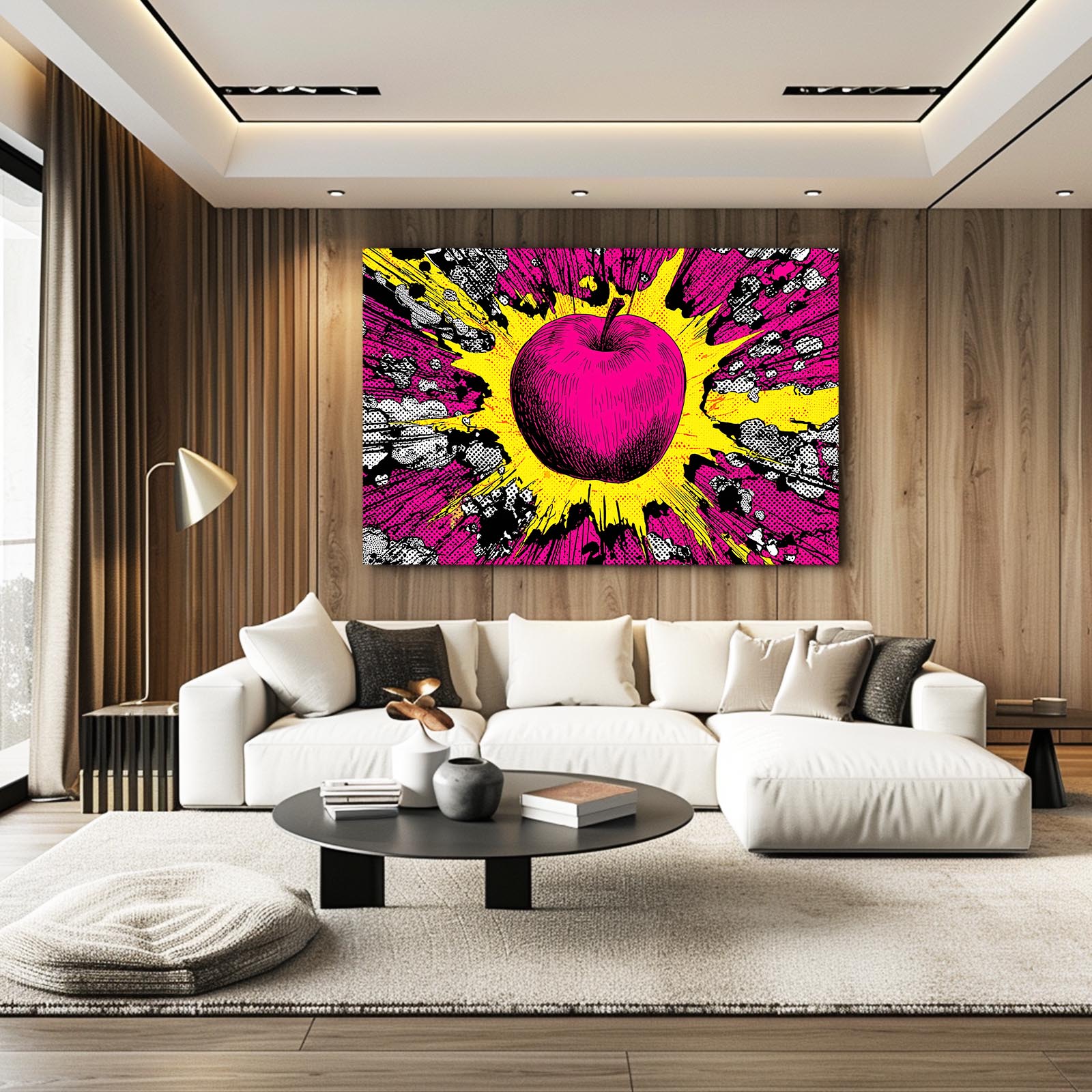 Pop Magenta Burst Apple Canvas Art – styled in a furnished interior