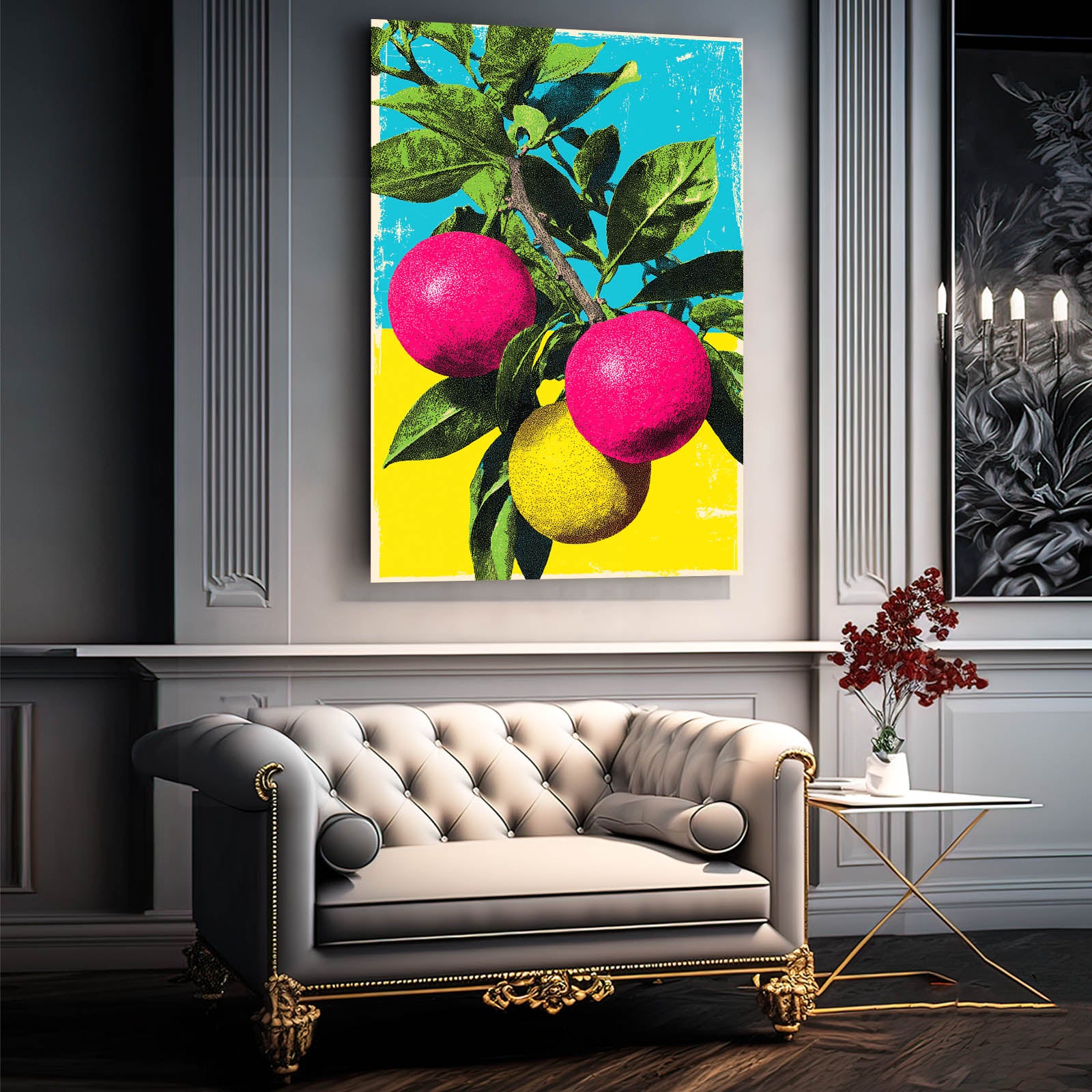 Pop Pomegranate Branch Fruit Canvas – styled in a furnished interior