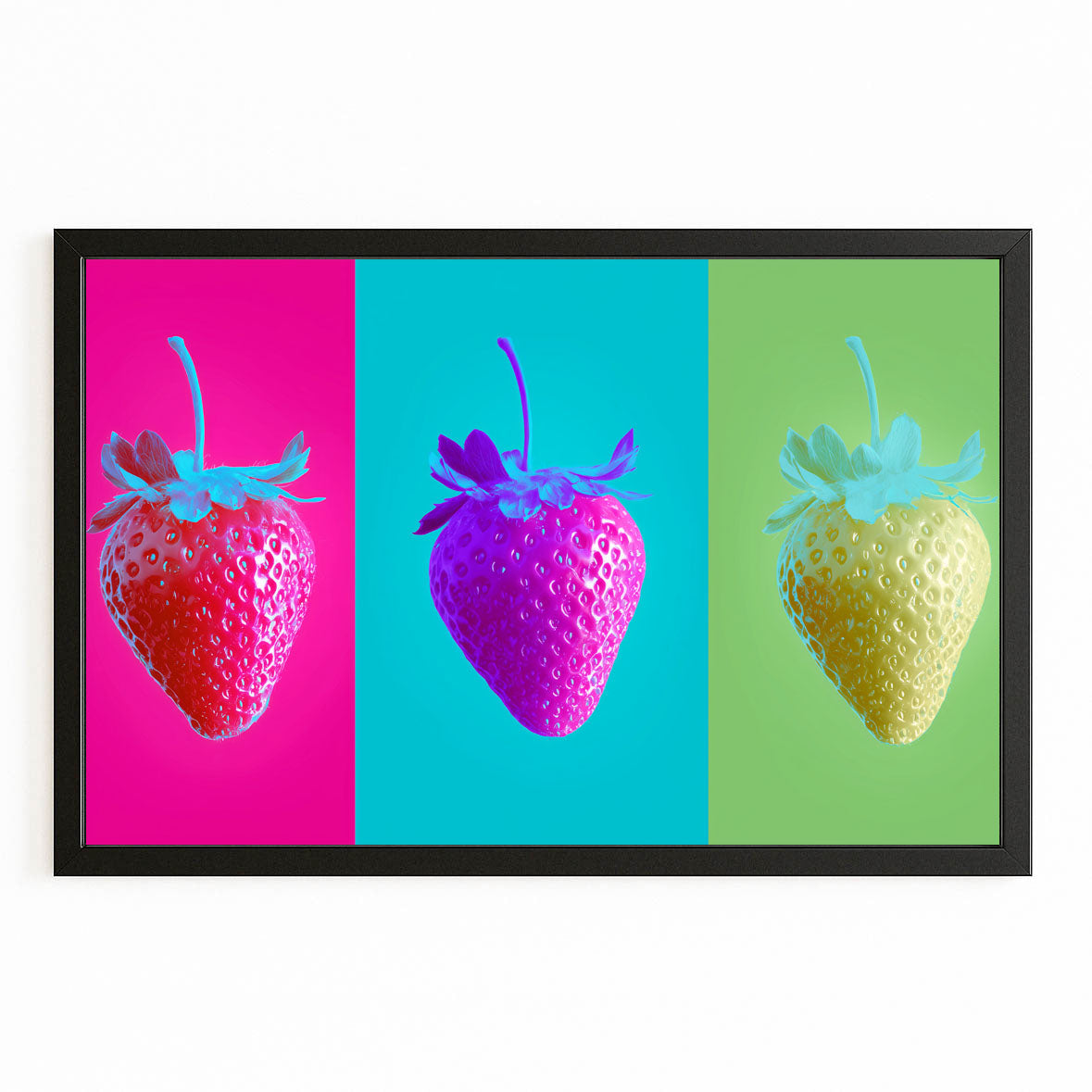 Pop Strawberry Triptych Fruit Art – with Premium Black frame on white background