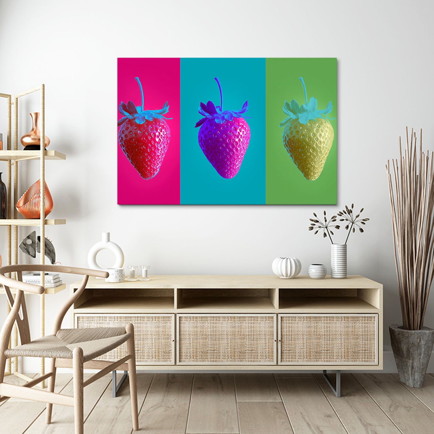 Pop Strawberry Triptych Fruit Art – styled in a furnished interior