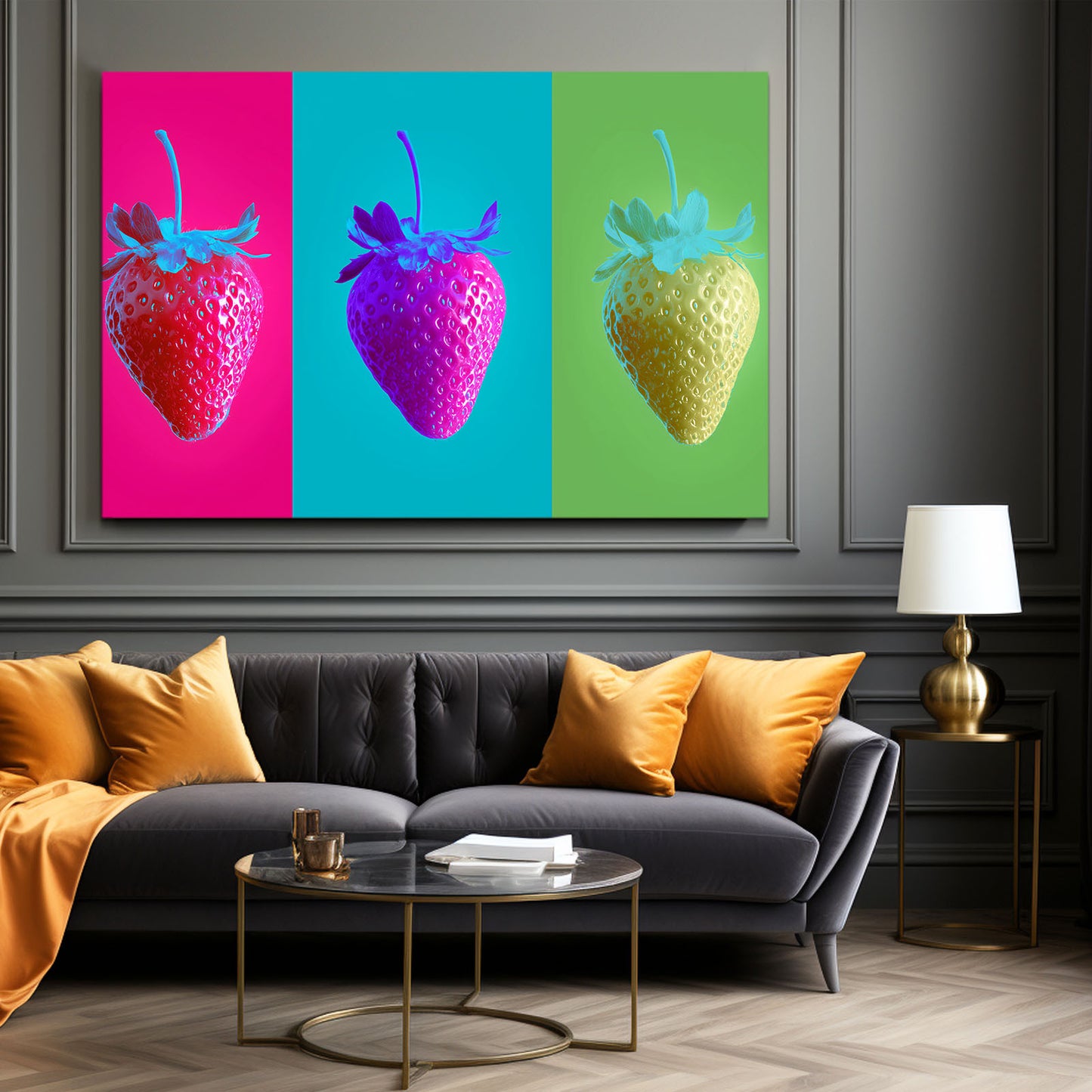 Pop Strawberry Triptych Fruit Art – styled in a furnished interior