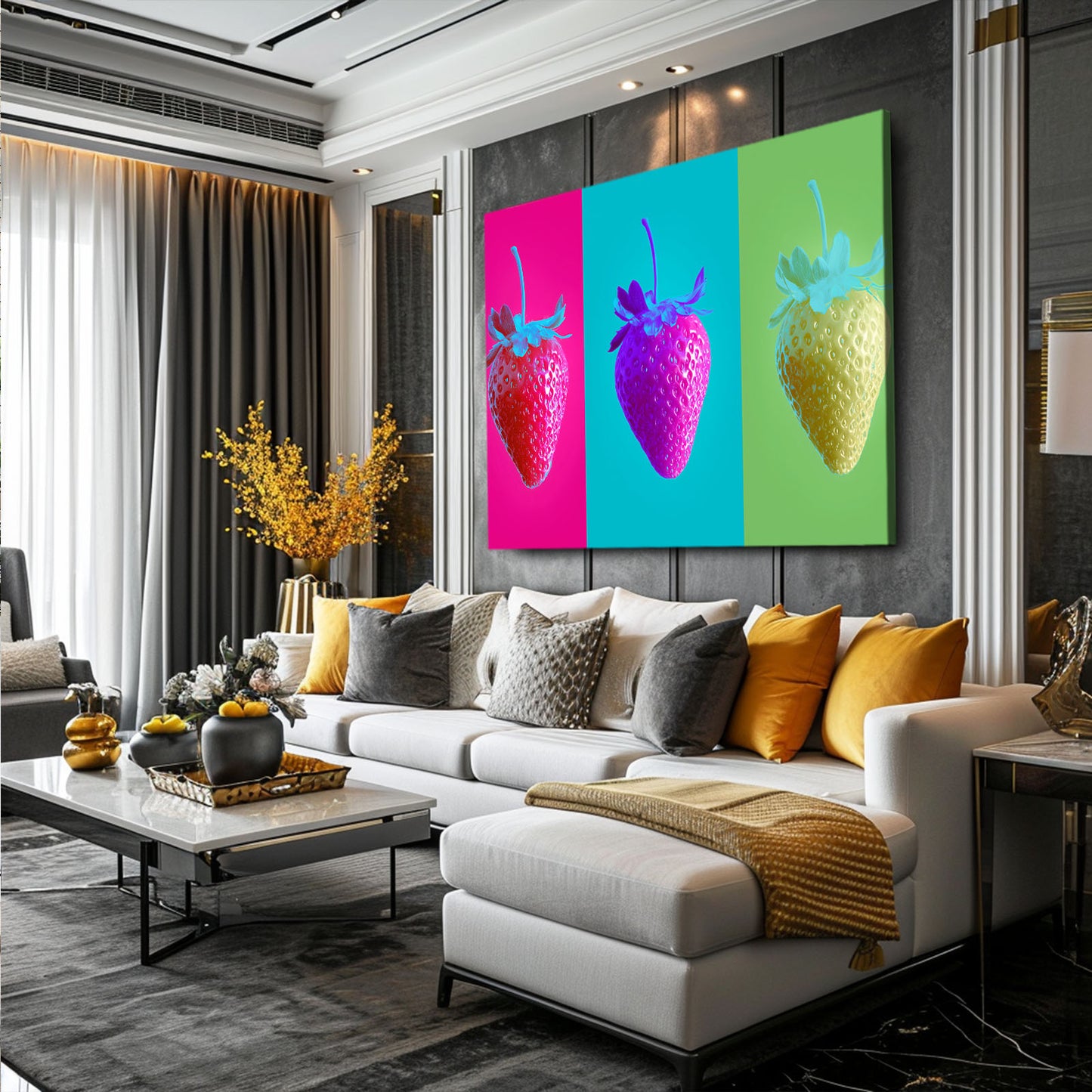 Pop Strawberry Triptych Fruit Art – styled in a furnished interior
