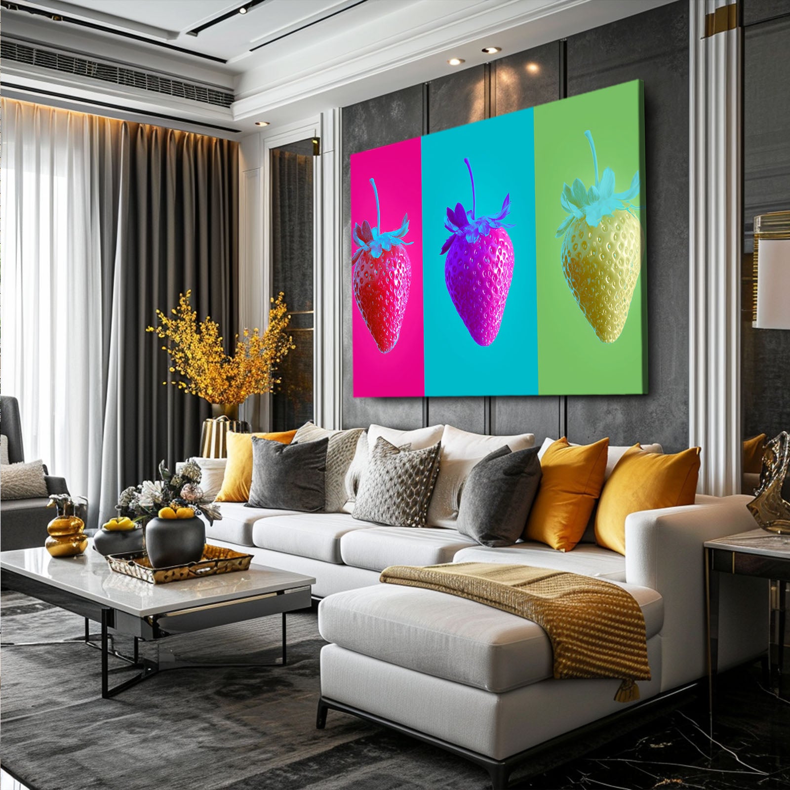 Pop Strawberry Triptych Fruit Art – styled in a furnished interior