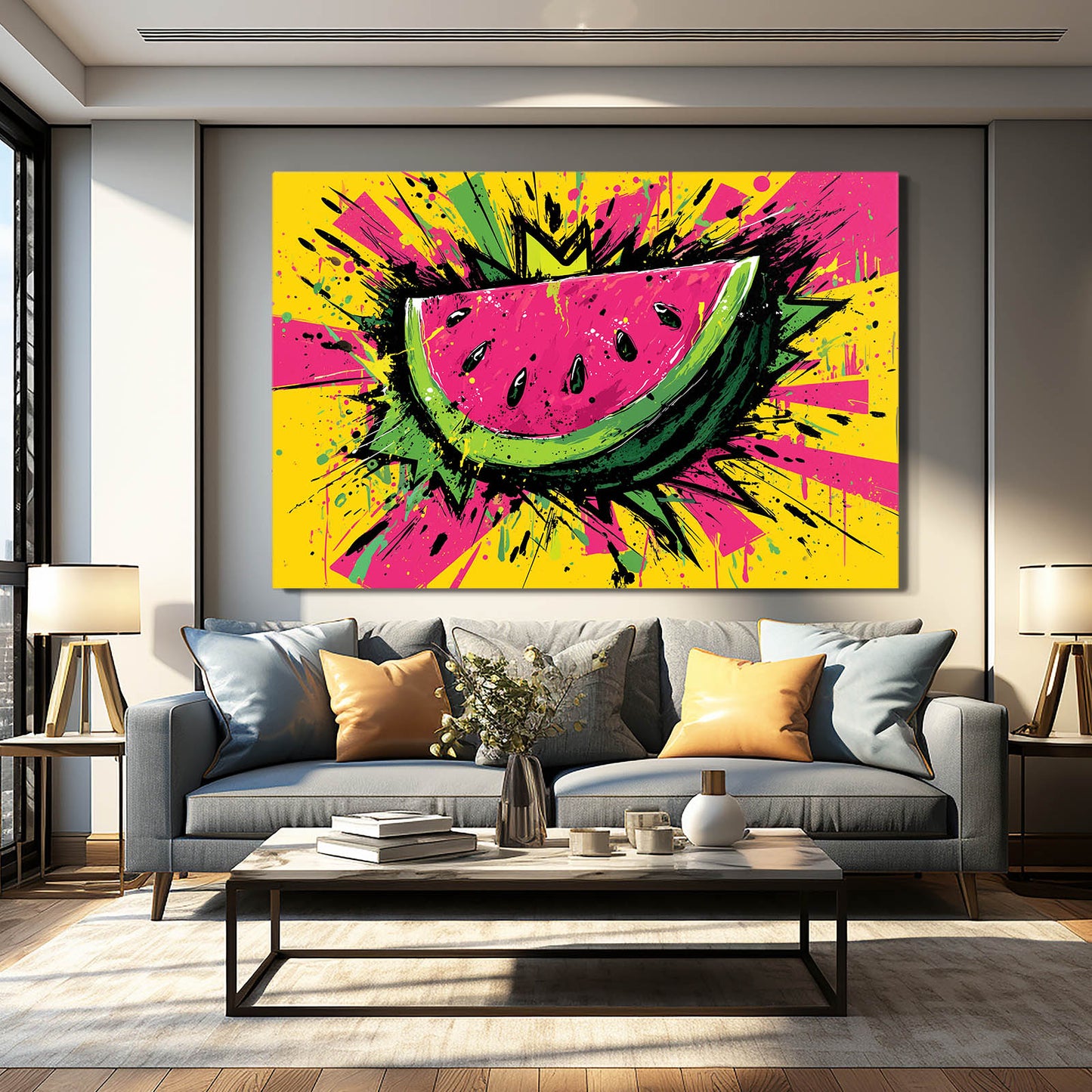 Pop Watermelon Slice Fruit Canvas – styled in a furnished interior
