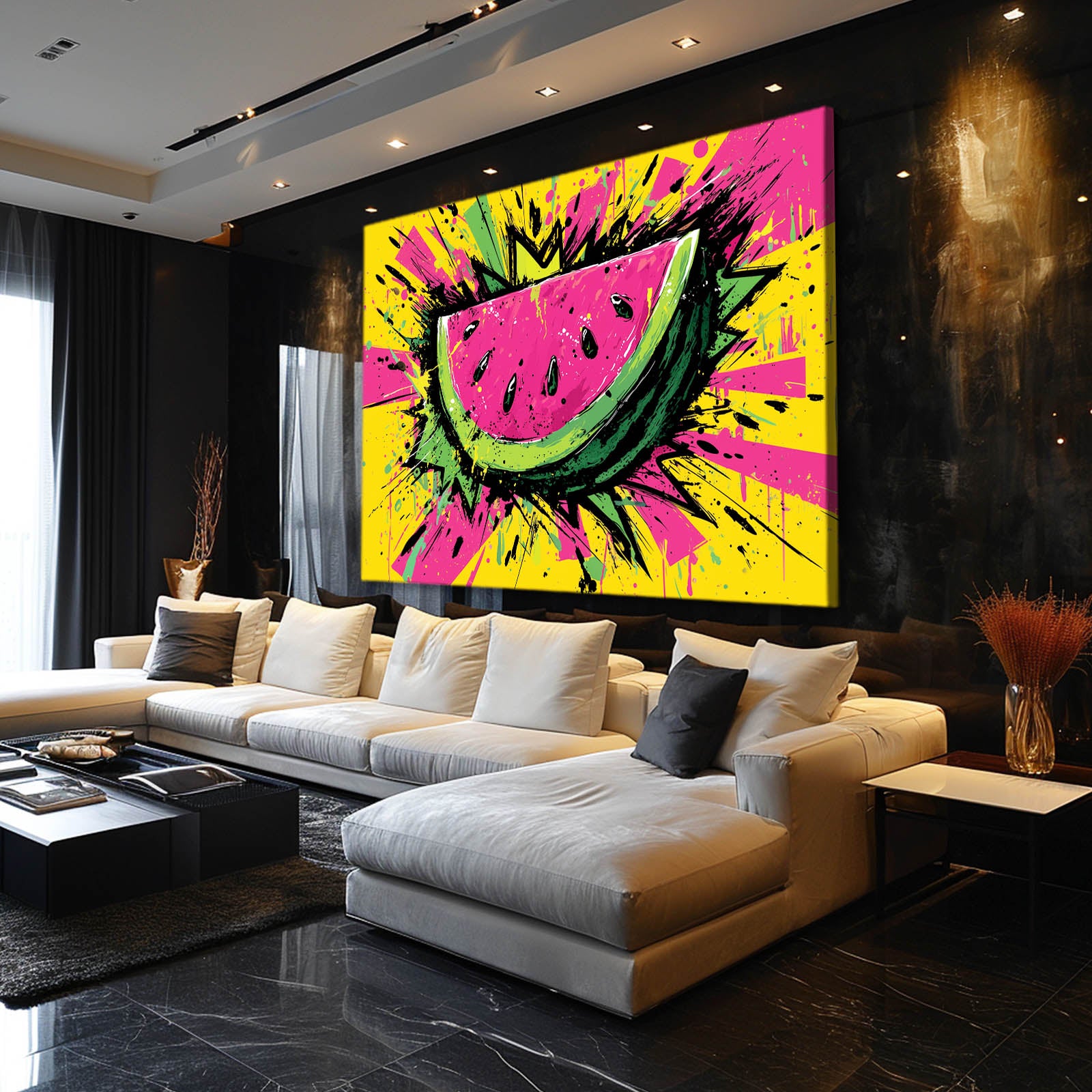 Pop Watermelon Slice Fruit Canvas – styled in a furnished interior