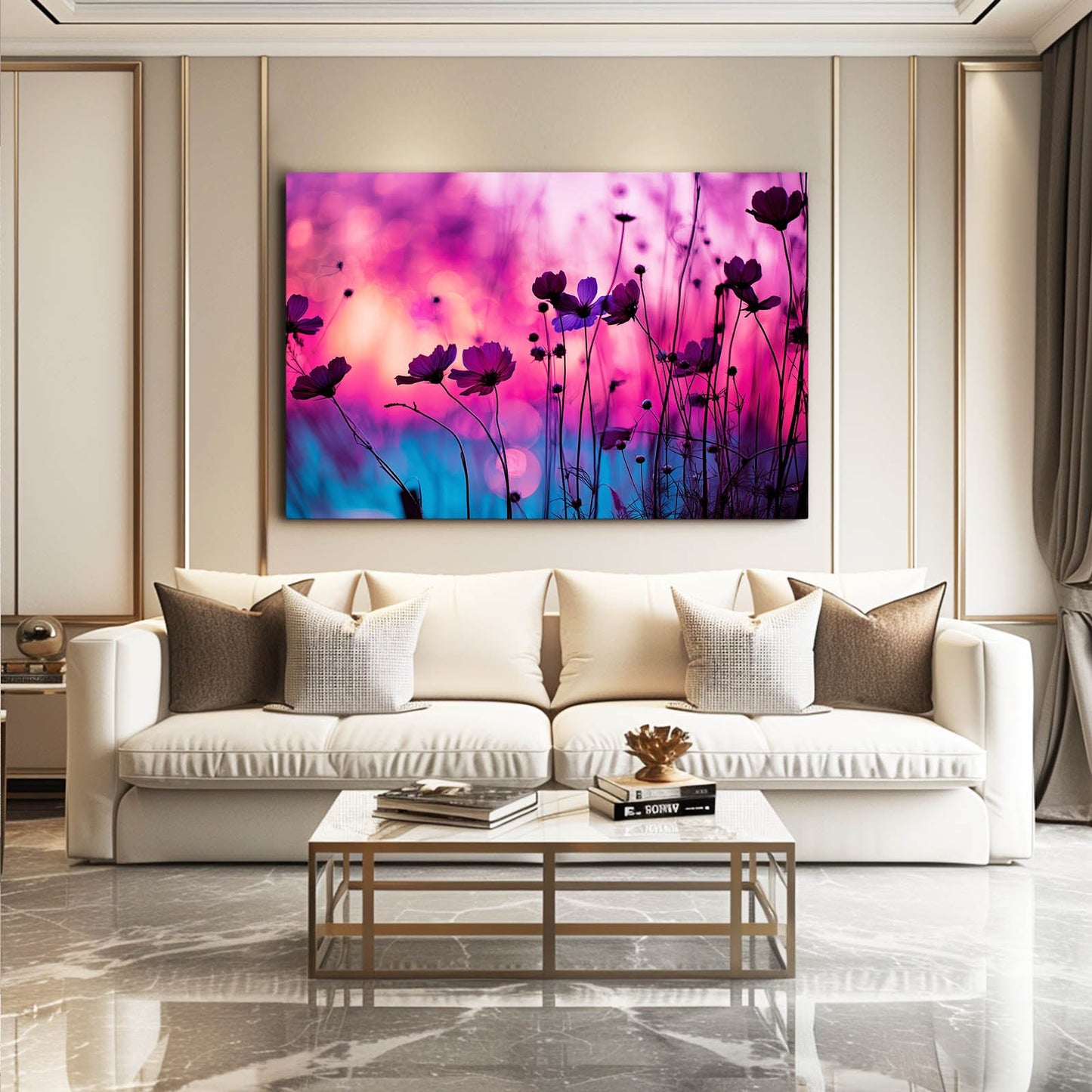 Poppy Dusk Pink Fine Art Photography Prints – above a cream sofa in a marble lounge
