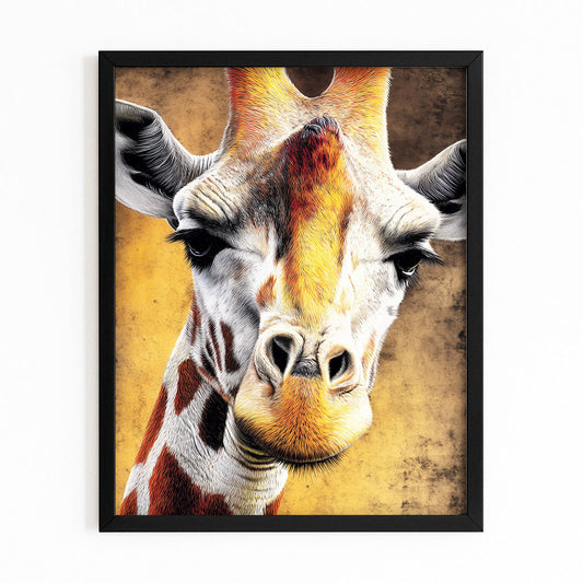 Framed artwork of a giraffe's face on a textured background