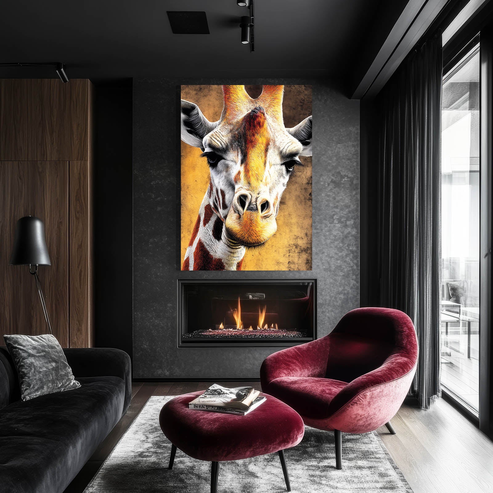 Modern living room with a giraffe painting above a fireplace, featuring a red armchair and gray sofa.