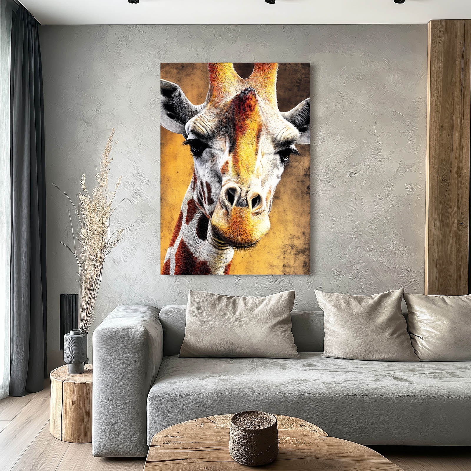 Living room with a gray sofa, wooden coffee table, and a large painting of a giraffe on the wall.