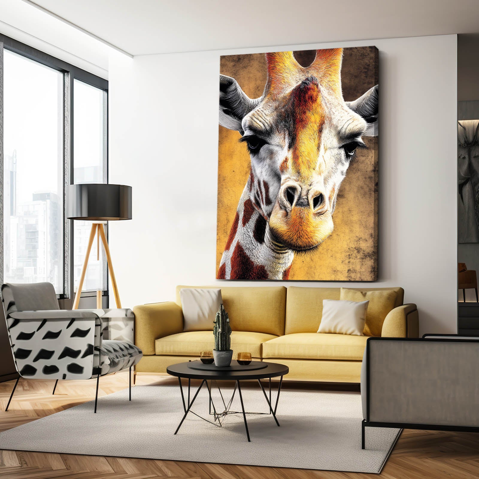 Living room with a large giraffe painting on the wall