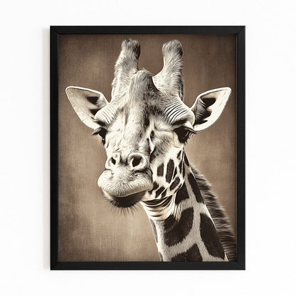 Framed artwork of a giraffe's head on a brown background