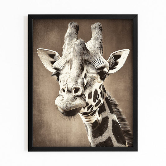 Framed artwork of a giraffe's head on a brown background