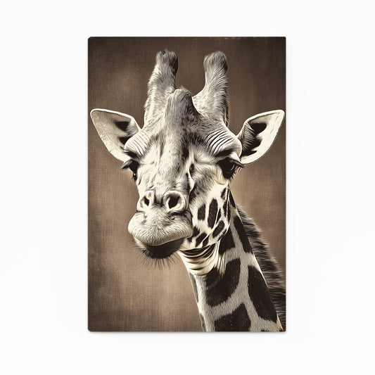 Sepia-toned portrait of a giraffe on a brown background