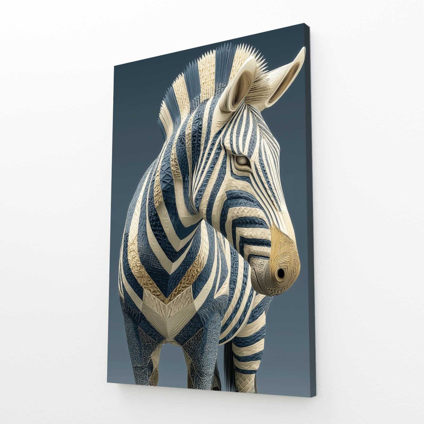 Portrait Zebra Artwork – angled canvas view on white background