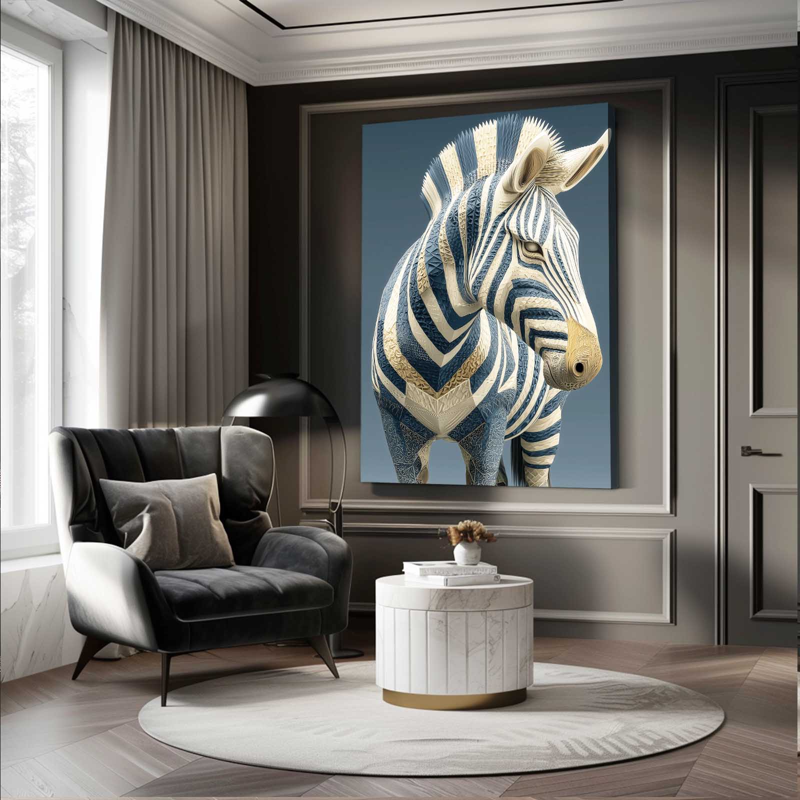 Portrait Zebra Artwork – styled in a furnished interior