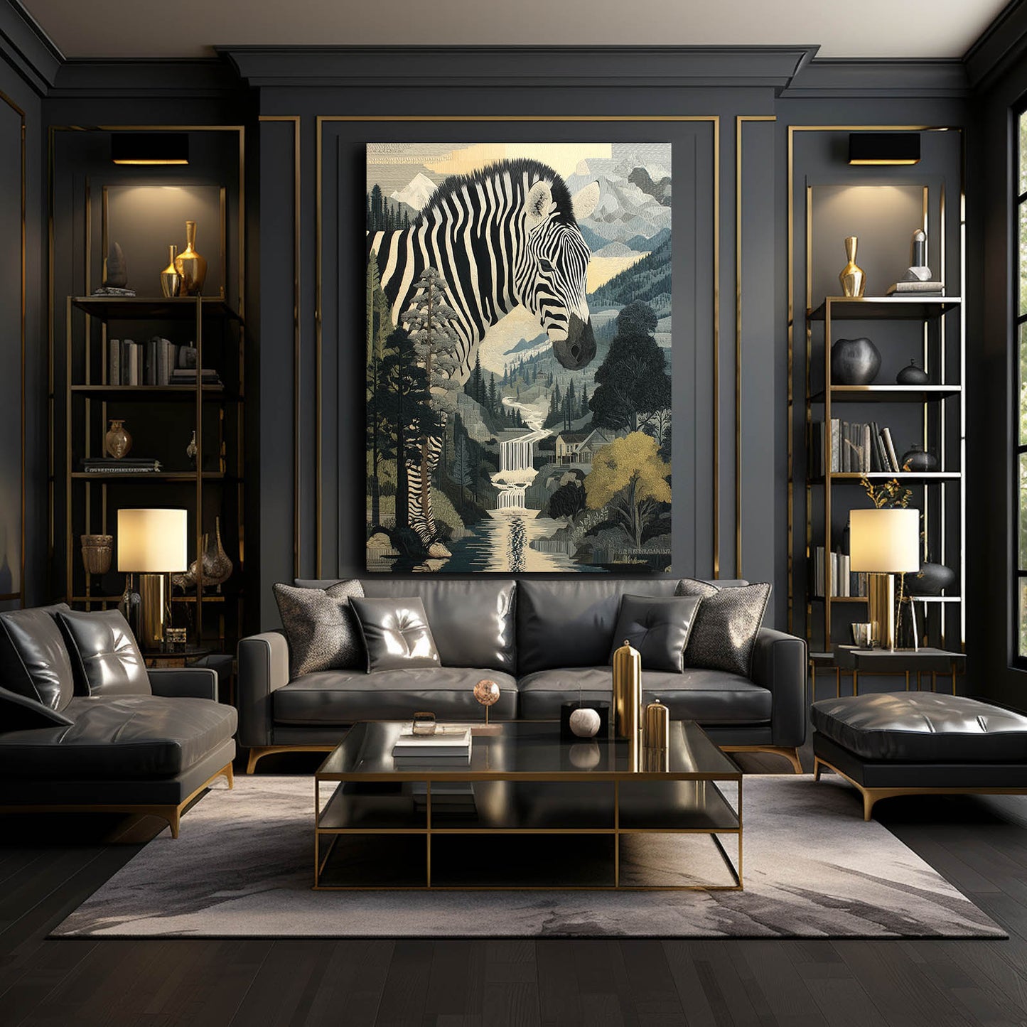 Portrait Zebra Canvas Art – styled in a furnished interior