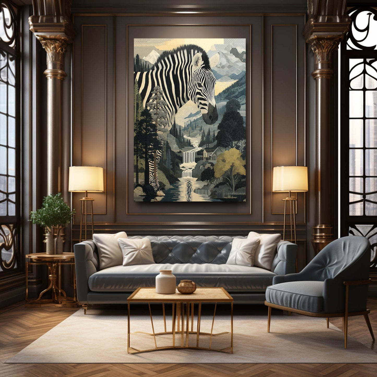 Portrait Zebra Canvas Art – styled in a furnished interior
