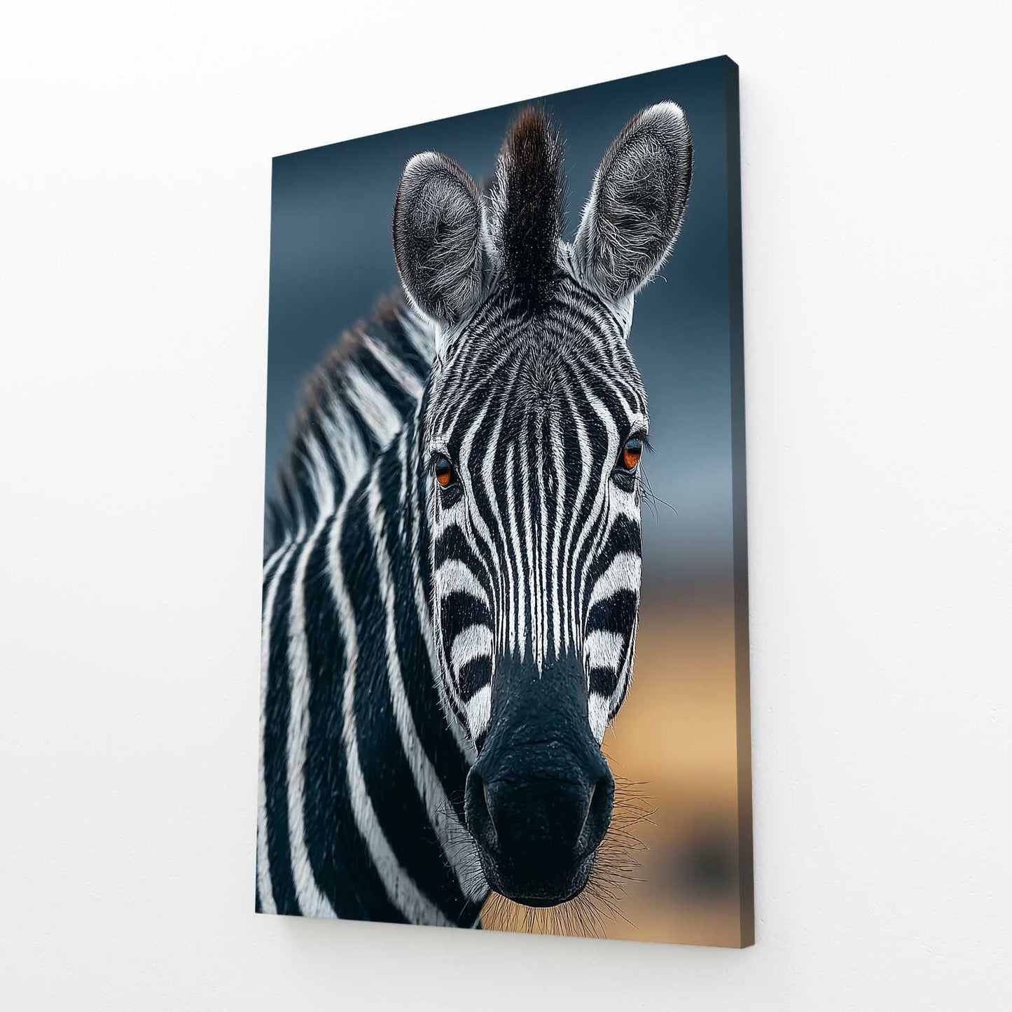 Portrait Zebra Wall Art – angled canvas view on white background