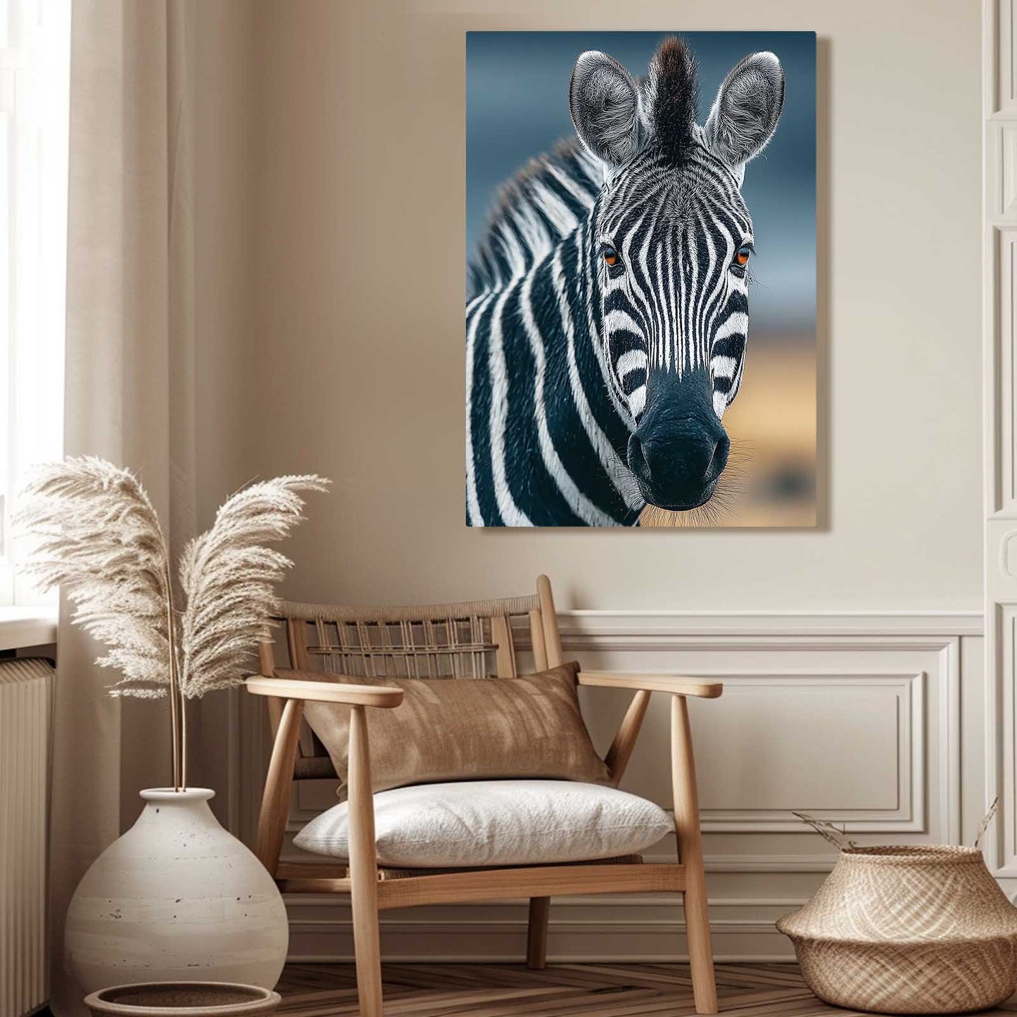 Portrait Zebra Wall Art – styled in a furnished interior