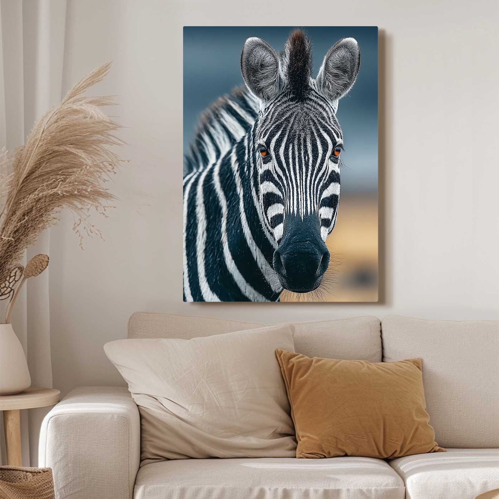 Portrait Zebra Wall Art – styled in a furnished interior