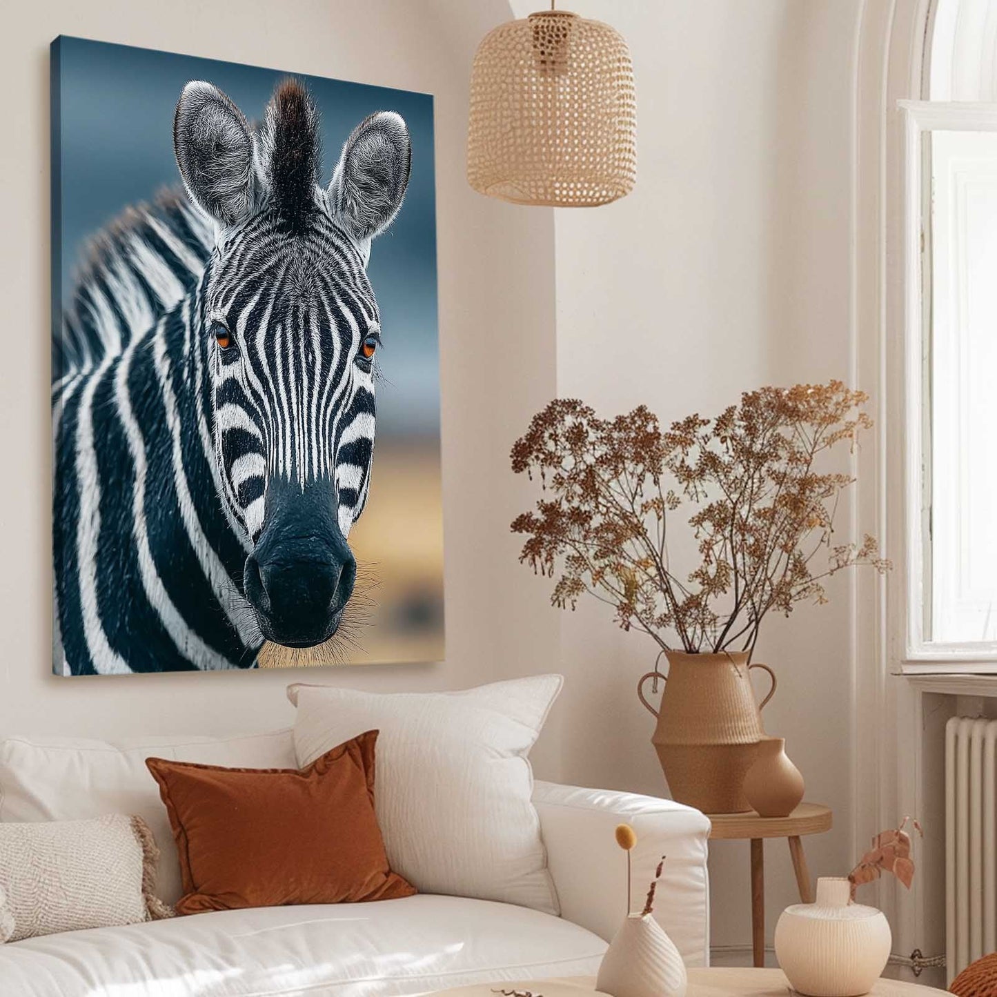 Portrait Zebra Wall Art – styled in a furnished interior