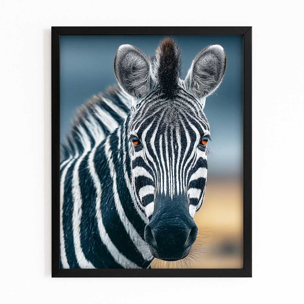 Portrait Zebra Wall Art – with Premium Black frame on white background