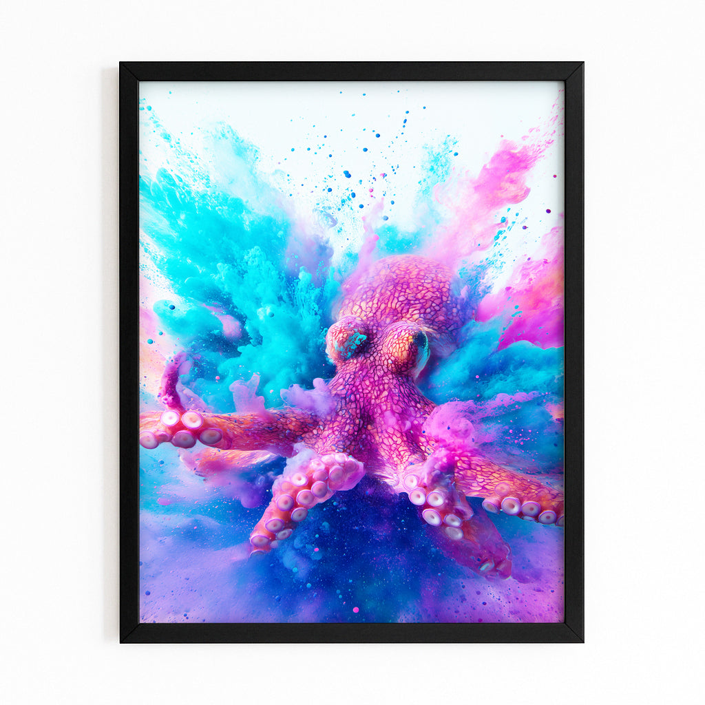 Powder Burst Octopus Prints – with Premium Black frame on white background