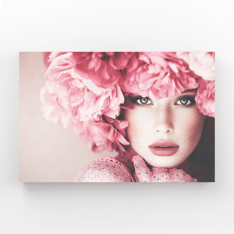 Powder Pink Plume Photography Wall Art – woman with powder-pink flower crown hair and porcelain gaze