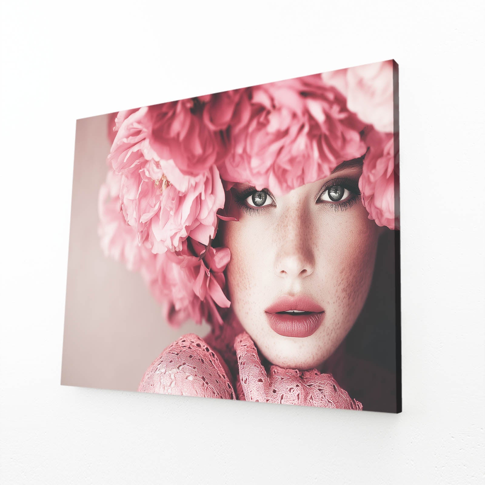 Powder Pink Plume Photography Wall Art – angled canvas view on white background